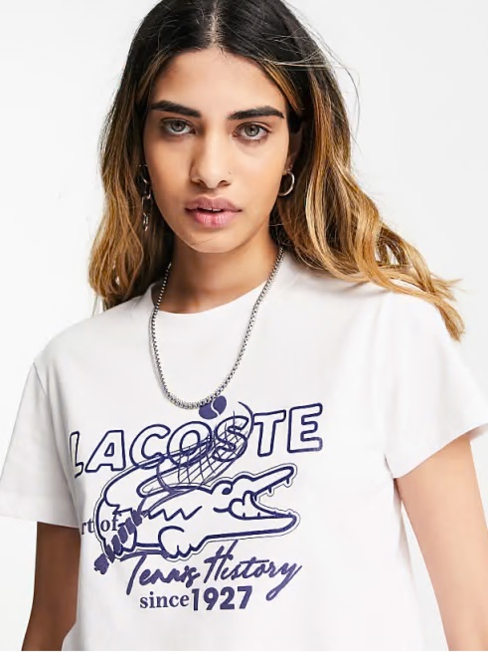 Lacoste White Short-Sleeve Tee with Navy Graphic Crocodile